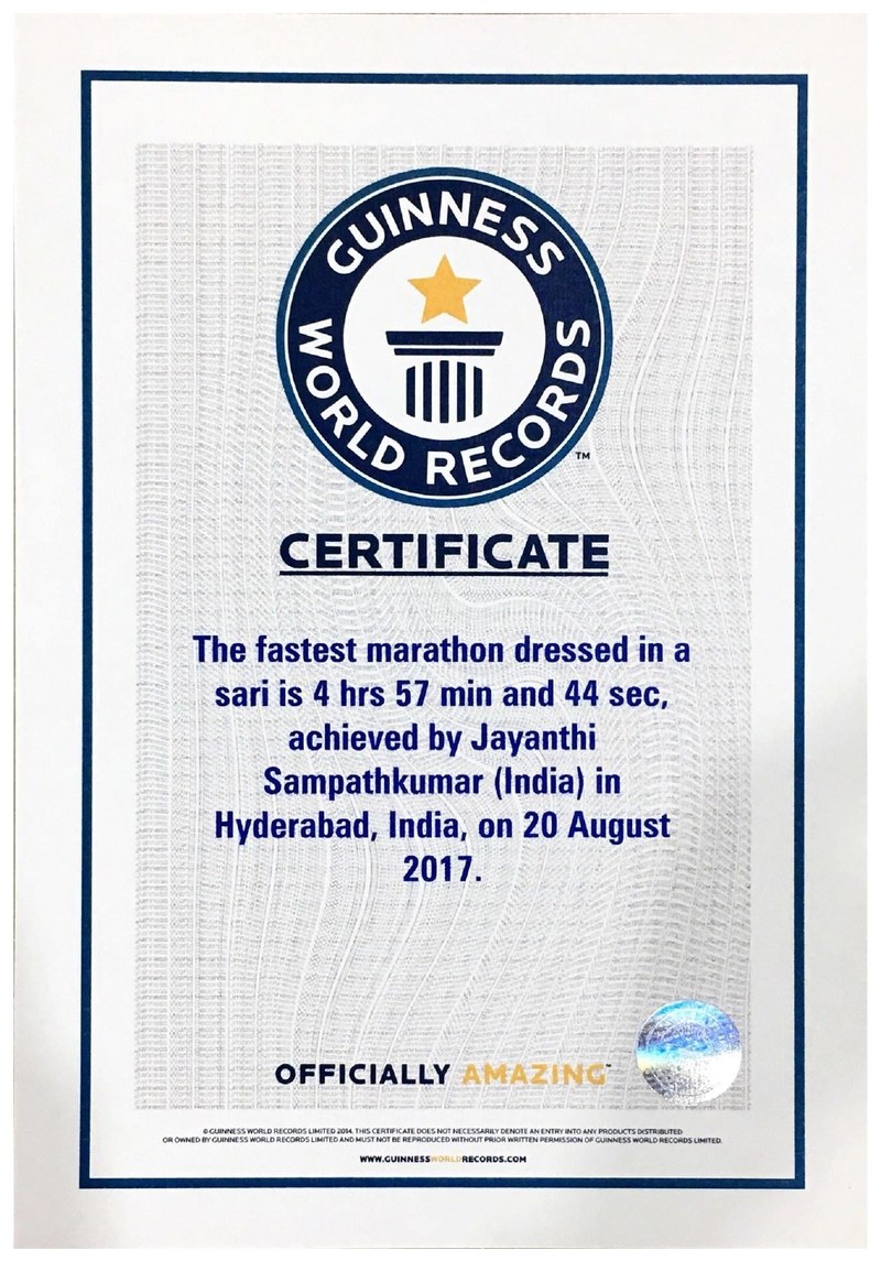 Guinness World Record certificate for fastest marathon dressed in a sari